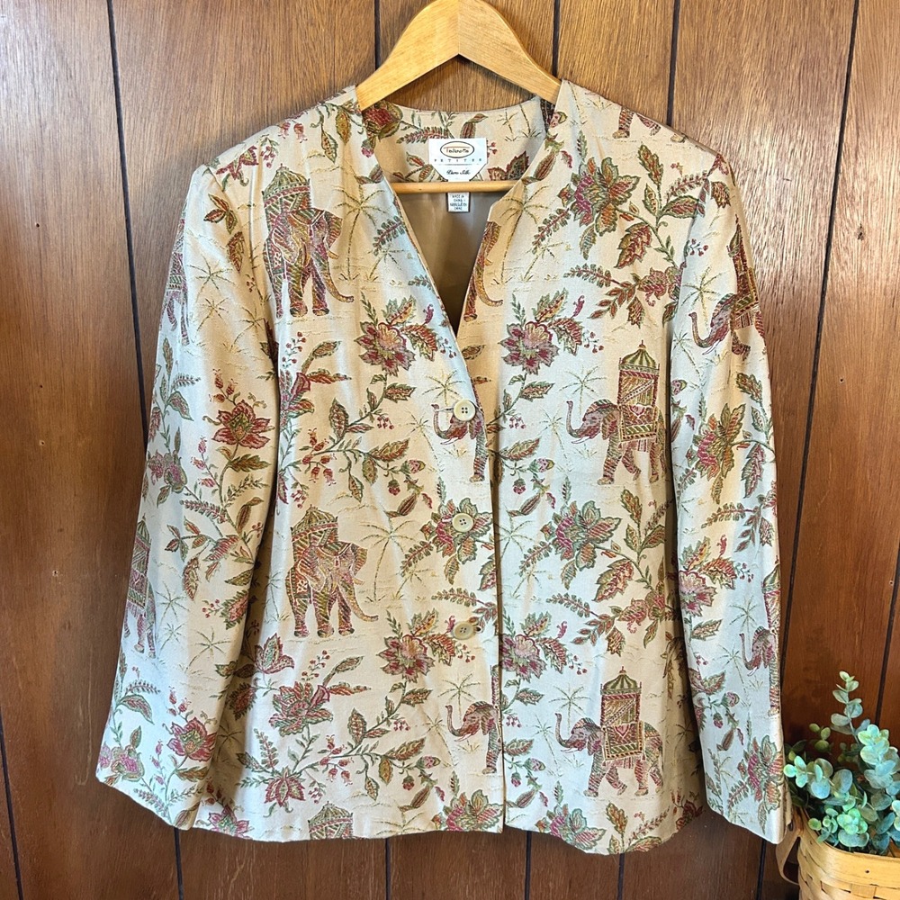 Talbots‎ Petites Pure Silk Jacket 16 Floral Elephant Print Button Front Beige